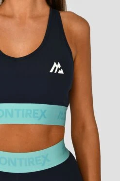 Icon Contrast Sports Bra - Midnight Blue/Arctic Blue/Neon Sky -Montirex Sale Store ICONCONTRASTSPORTSBRA NEONSKY MIDNIGHTBLUE CLOSEUPLOGO
